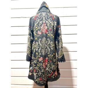 Biya Johnny Was- Small Black Hooded Duster Long Open Jacket Floral Embroidered